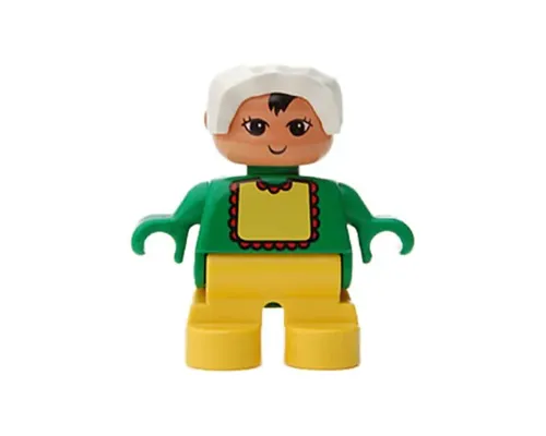 Duplo Figure, Child Type 2 Baby, Yellow Legs, Green Top with Yellow Bib with Red Lace, White Bonnet Image