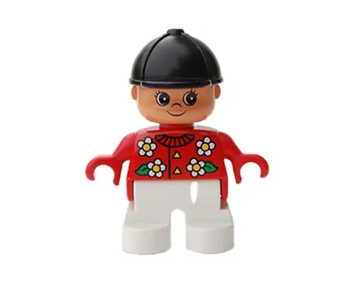 Duplo Figure, Child Type 2 Girl, White Legs, Red Top with White Flowers, Black Riding Hat Image