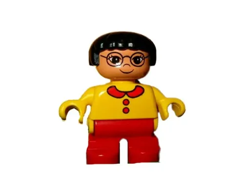 Duplo Figure, Child Type 2 Boy, Blue Legs, Yellow Top with Blue Overalls, Black Hair, Brown Head Image