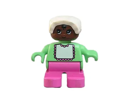 Duplo Figure, Child Type 2 Baby, Dark Pink Legs, Light Green Top with White Bib with Dark Pink Lace, White Bonnet Image