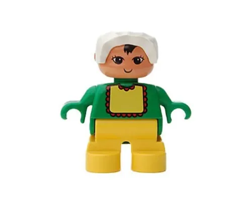 Duplo Figure, Child Type 2 Baby, Yellow Legs, Light Green Top with White Bib with Dark Pink Lace, White Bonnet Image