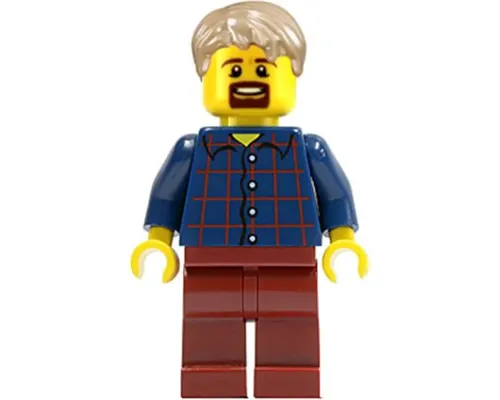 LEGOLAND Park Male, Dark Blue Plaid Button Shirt with Narrow Neck, Dark Tan Short Tousled Hair, Goatee Image