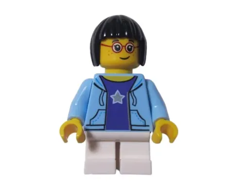 LEGOLAND Park Girl with Black Bob Cut Hair, Bright Light Blue Hooded Sweatshirt Open with Purple Shirt with Silver Star Pattern and White Short Legs Image