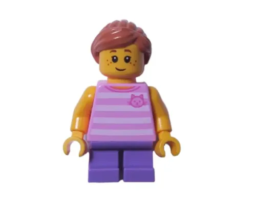 Child - Girl, Bright Pink Striped Shirt with Cat Head, Medium Lavender Short Legs, Medium Nougat Ponytail, Freckles Image