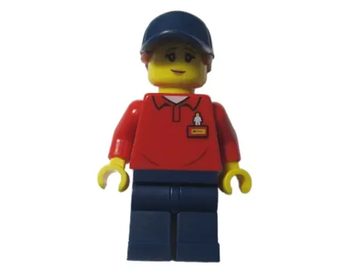 LEGOLAND Park Worker Female with Dark Blue Hat and Dark Orange Ponytail, Red Polo Shirt with 'LEGOLAND' on Back and Dark Blue Legs Image