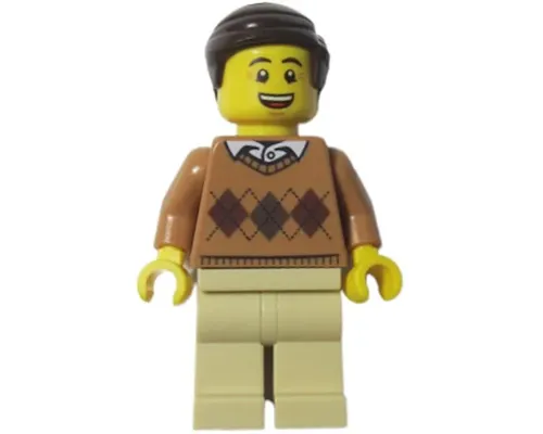 LEGOLAND Park Male with Dark Brown Hair, Medium Nougat Torso Argyle Sweater, Tan Legs Image