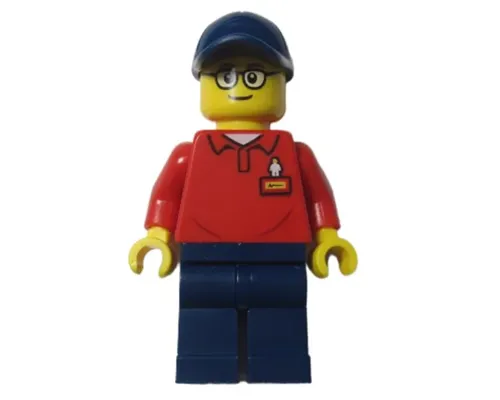 LEGOLAND Park Worker Male with Glasses, Dark Blue Hat, Red Polo Shirt with 'LEGOLAND' on Back and Dark Blue Legs Image