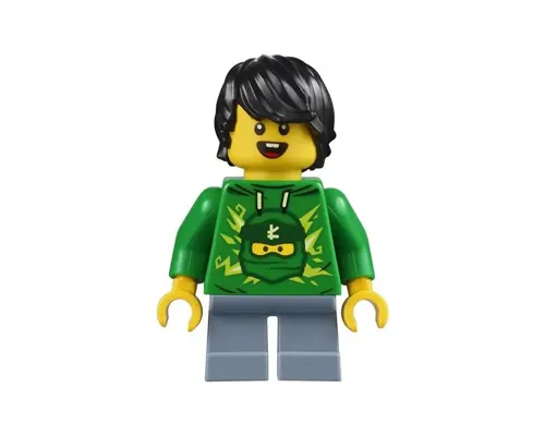 LEGOLAND Park Boy with Black Hair, Green Ninjago Hoodie, Sand Blue Short Legs Image