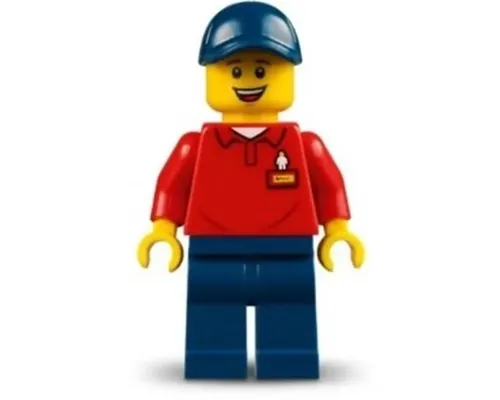 LEGOLAND Park Worker Male, Smiling, Dark Blue Hat, Red Polo Shirt with 'LEGOLAND' on Back and Dark Blue Legs Image