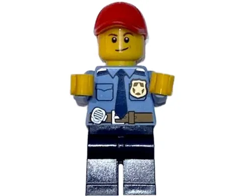 LEGOLAND Park Police Officer with Shirt with Dark Blue Tie and Gold Badge, Dark Tan Belt with Radio, Dark Blue Legs, Red Cap, Lopsided Smile Image