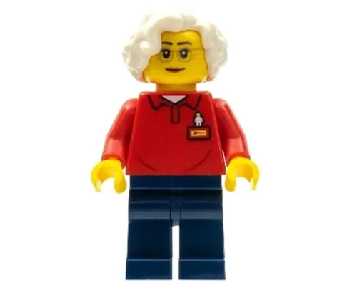 LEGOLAND Park Worker Older Female, Glasses, White Hair, Red Polo Shirt with 'LEGOLAND' on Back and Dark Blue Legs Image