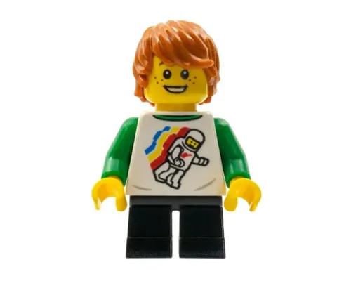 Child - Boy, Classic Space Shirt with Minifigure Floating and Back Print, Black Short Legs, Dark Orange Tousled Hair, Freckles Image