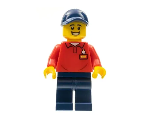 LEGOLAND Park Worker Male with Dark Blue Hat, Red Polo Shirt with 'LEGOLAND' on Back and Dark Blue Legs Image