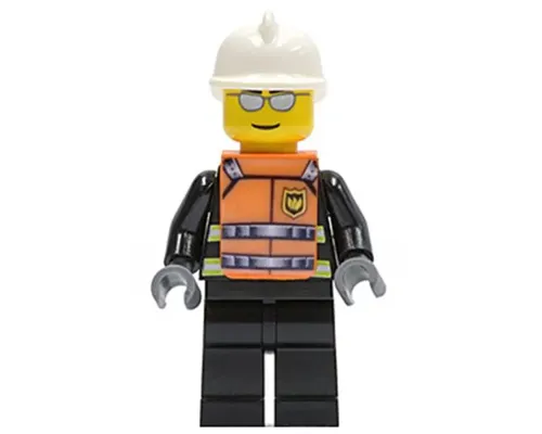 Fire - Reflective Stripes, Black Legs, White Fire Helmet, Silver Sunglasses, Orange Vest with Straps and Fire Logo and 'FIRE' Pattern (Stickers) Image