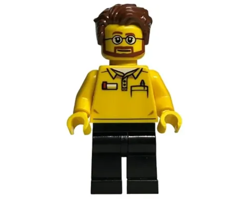 LEGO Store Employee, Black Legs, Beard and Glasses, Reddish Brown Tousled Hair Image