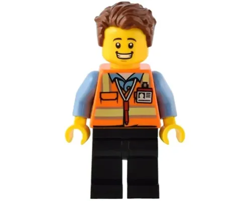 Train Driver - Male, Orange Safety Vest with Reflective Stripes, Black Legs, Reddish Brown Hair Image