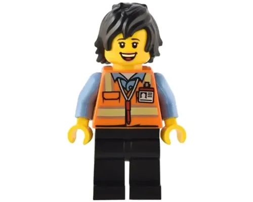 Train Driver - Female, Orange Safety Vest with Reflective Stripes, Black Legs, Black Hair Image