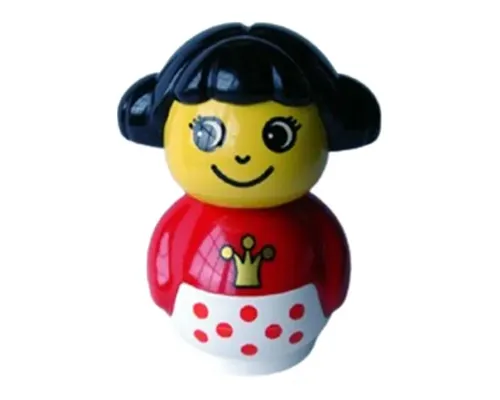 Primo Figure Girl with White Base with Red Dots, Red Top with Crown Pattern, Black Hair Image