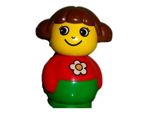 Primo Figure Girl with Green Base, Red Top with Daisy Pattern, Brown Hair Image