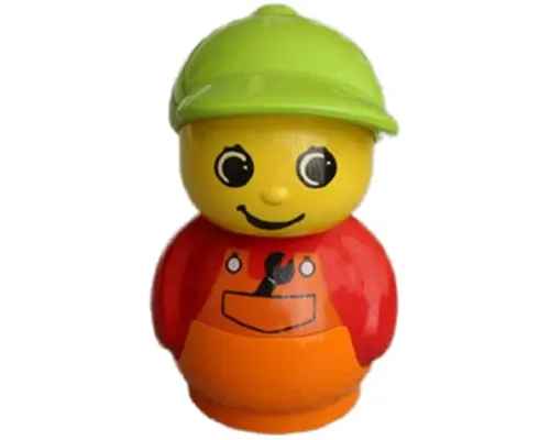 Primo Figure Boy with Orange Base, Red Top with Orange Overalls with Wrench, Medium Lime Hat Image