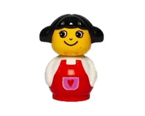 Primo Figure Girl with Red Base, White Top with Red Overalls with Red Heart in Purple Pocket, Black Hair Image