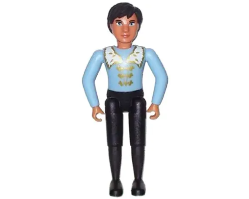 Belville Male - Black Pants, Light Blue Shirt with White and Gold Fur Pattern on Shoulders and Gold Fastenings on Front, Black Hair Image