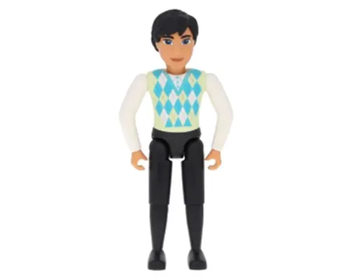 Belville Male - Black Legs, White Arms, Light Lime / Turquoise / White Argyle Top, Black Hair Image