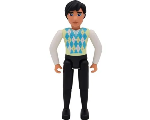 Belville Male - Black Legs, White Arms, Light Lime / Turquoise / White Argyle Top, Black Hair, Jeans Image