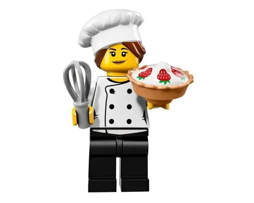 Chef - Black Legs, Open Mouth Smile, Hair in Bun, 'LEGO HOUSE Home of the Brick' on Back, Female Image