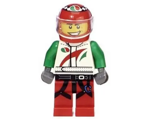 Race Car Driver, White Octan Racing Suit with Octan Logo, Black Leg Straps with Carabiner Image