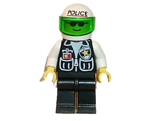 Police - Sheriff Star and 2 Pockets, Black Legs, White Arms, White Helmet with Police Pattern, Trans-Green Visor Image