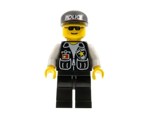 Police - Sheriff Star and 2 Pockets, Black Legs, White Arms, Black Cap with Police Pattern, Black Sunglasses Image