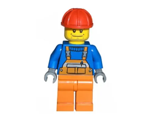 Overalls with Safety Stripe Orange, Orange Legs, Red Construction Helmet, Straight Smile Image