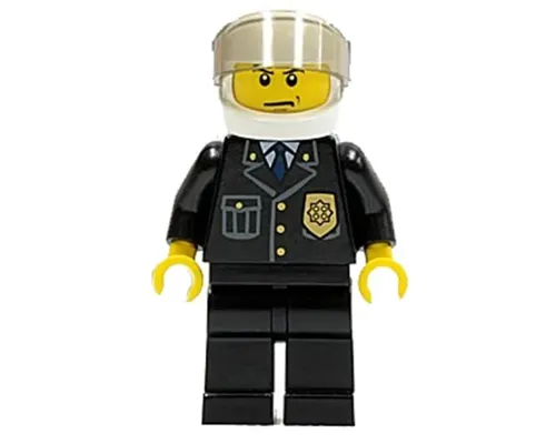 Police - City Suit with Blue Tie and Badge, Black Legs, White Helmet, Trans-Brown Visor, Scowl Image