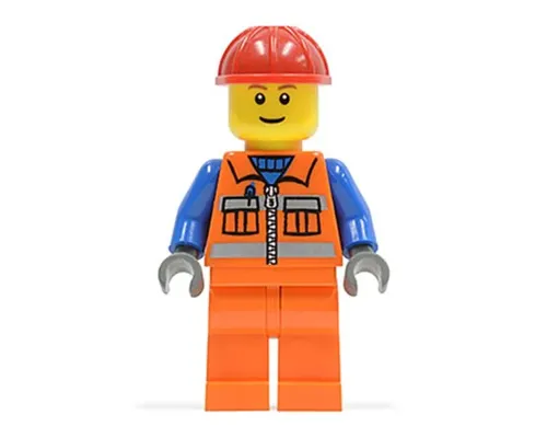 Construction Worker - Orange Zipper, Safety Stripes, Blue Arms, Orange Legs, Red Construction Helmet Image