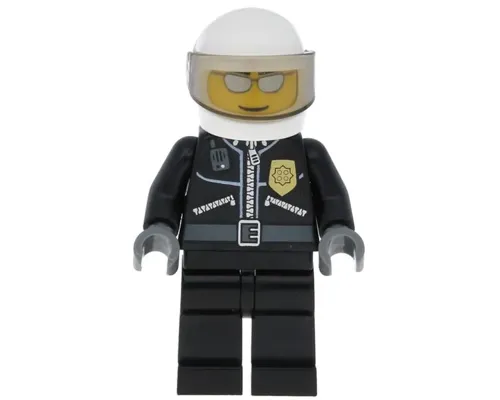 Police - City Leather Jacket with Gold Badge and 'POLICE' on Back, White Helmet, Trans-Brown Visor, Silver Sunglasses Image