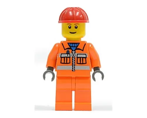 Construction Worker - Orange Zipper, Safety Stripes, Orange Arms, Orange Legs, Red Construction Helmet, Brown Eyebrows, Thin Grin Image