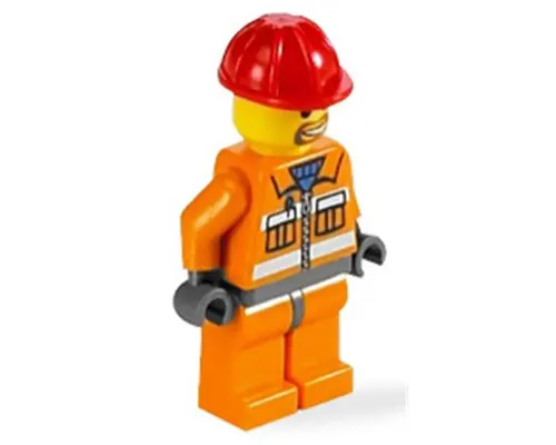 Construction Worker - Orange Zipper, Safety Stripes, Orange Arms, Orange Legs, Dark Bluish Gray Hips, Red Construction Helmet Image