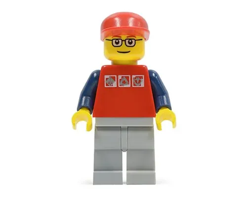 Red Shirt with 3 Silver Logos, Dark Blue Arms, Light Bluish Gray Legs, Glasses Image