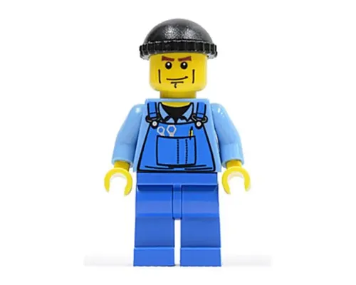 Overalls with Tools in Pocket Blue, Black Knit Cap, Cheek Lines Image