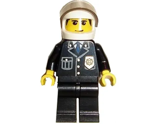 Police - City Suit with Blue Tie and Badge, Black Legs, White Helmet, Trans-Brown Visor, Smile Image