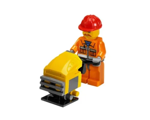 Construction Worker - Orange Zipper, Safety Stripes, Orange Arms, Orange Legs, Dark Bluish Gray Hips, Red Construction Helmet, Brown Moustache Image