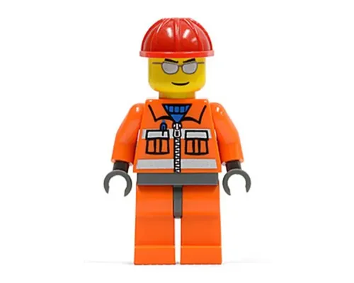 Construction Worker - Orange Zipper, Safety Stripes, Orange Arms, Orange Legs, Dark Bluish Gray Hips, Red Construction Helmet, Silver Sunglasses Image