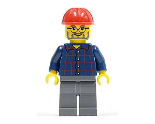 Plaid Button Shirt, Dark Bluish Gray Legs, Red Construction Helmet, Glasses, Gray Beard Image