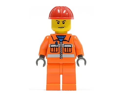 Construction Worker - Orange Zipper, Safety Stripes, Orange Arms, Orange Legs, Red Construction Helmet, Scowl Image