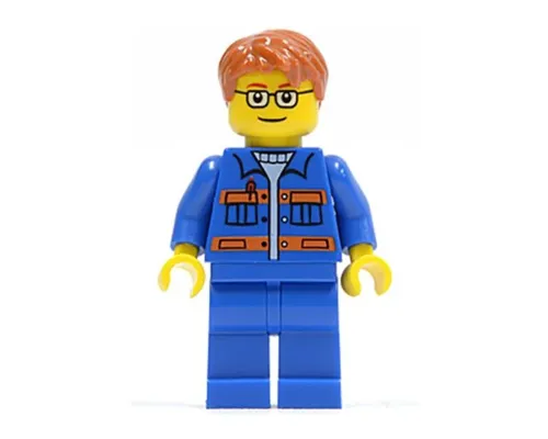 Blue Jacket with Pockets and Orange Stripes, Blue Legs, Dark Orange Short Tousled Hair, Brown Eyebrows, Glasses Image