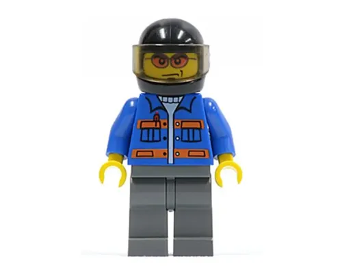 Blue Jacket with Pockets and Orange Stripes, Dark Bluish Gray Legs, Black Helmet, Orange Sunglasses Image