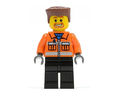 Construction Worker - Orange Zipper, Safety Stripes, Orange Arms, Black Legs, Reddish Brown Flat Top Hair, Beard Around Mouth Image