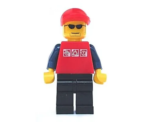 Red Shirt with 3 Silver Logos, Dark Blue Arms, Black Legs, Red Short Bill Cap, Glasses Image