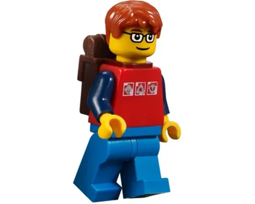 Red Shirt with 3 Silver Logos, Dark Blue Arms, Blue Legs, Dark Orange Short Tousled Hair, Brown Eyebrows, Backpack Image